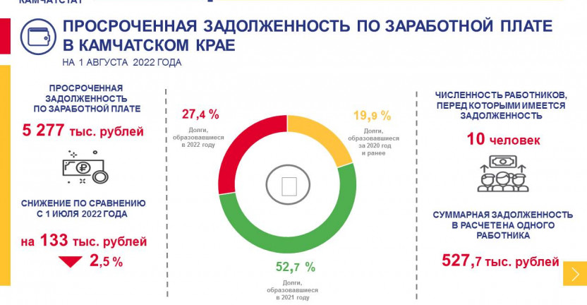 Просроченная задолженность по заработной плате в Камчатском крае на 1 августа 2022 года
